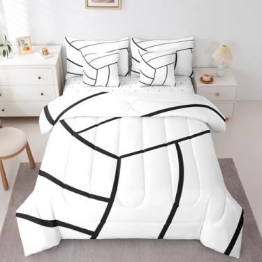 Imagem de Feelyou Conjunto de edredom completo de vôlei, 7 peças, esportes, branco, preto, listras geométricas, tema esportivo, cama com edredom, lençóis, fronhas e capa de almofada