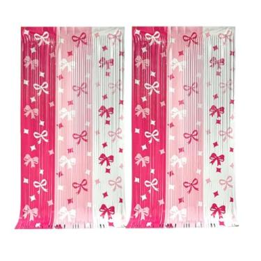 Imagem de QFSH 2 peças de franjas metálicas com laço rosa para aniversário, aniversário, chá de panela, decoração de pano de fundo fotográfico