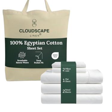 Imagem de Conjunto de lençóis de luxo Cloud Scape Linen 100% algodão egípcio (Split King, branco)