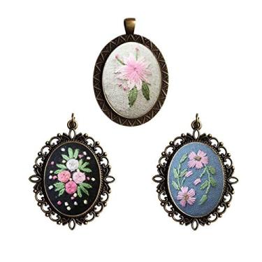 Imagem de levylisa Kit de bordado para iniciantes com 3 padrões, kit inicial de bordado com argola, colar de costura, pingentes, prato floral, joias, colar para artesanato, costura e pendurar