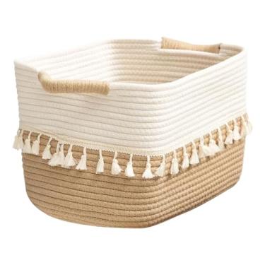 Imagem de Cestas para armazenamento – Borlas rústicas decorativas | Cesta de armazenamento de tecido de corda de algodão, para armário, lavanderia, banheiro, quarto, cozinha, brinquedos, cobertores, toalhas