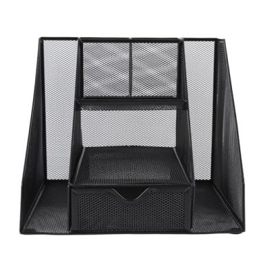 Imagem de Organizador de mesa de malha de metal, cesta de armazenamento vertical de ferro resistente com gaveta e suporte para caneta para escritório, casa, sala de aula, preto