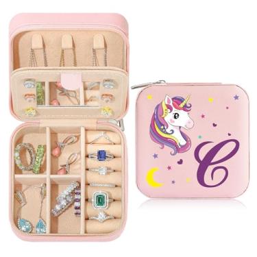 Imagem de Caixa de joias de viagem organizadora para presentes pequena fofa personalizada presente de aniversário natal para filha anel colar brinco caixa organizadora rosa letra A-Z