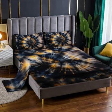 Imagem de Nttopship Jogo de cama de casal Dark Tie Dye com 4 peças, abstrato, 40,6 cm, bolsos profundos, decoração de quarto, 4 peças (1 lençol + 1 lençol + 2 fronhas)
