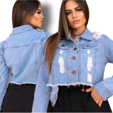 Imagem de Jaketa jeans feminina clara rasgada wissam jeans - Wissam jeans , azul