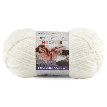 Imagem de Fio grosso para crochê e tricô – Fio super volumoso de chenille de pelúcia fácil de usar 100 g/131 m - Fio de veludo ultramacio para bebês para iniciantes e projetos amigurumi, branco leitoso