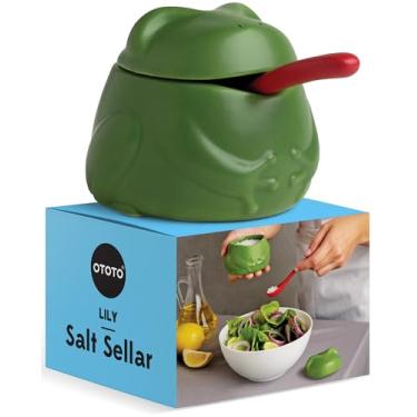 Imagem de Adega de sal de lírio OTOTO com tampa e colher - Recipientes de sal de sapo de 170 g para bancada, suporte de sal de cerâmica com tampa para açúcar, sapo, presentes de elefante branco, acessórios