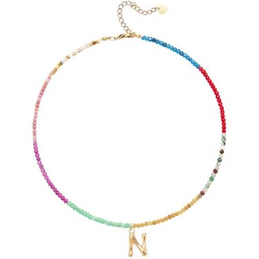 Imagem de MEVOME Colar feminino com contas com inicial de pedras, semipreciosas, boho, pedra semipreciosa, banhado a ouro 18 K, arco-íris, colorido, moderno, alfabeto, gargantilha delicada, joia feminina para