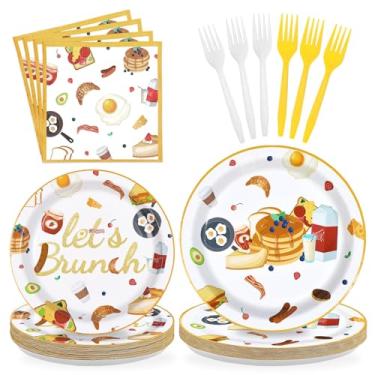 Imagem de Greencian 96 peças Vamos Brunch suprimentos de festa café da manhã pratos temáticos e guardanapos, brunch, conjunto de utensílios de mesa para aniversário, chá de bebê, despedida de solteira