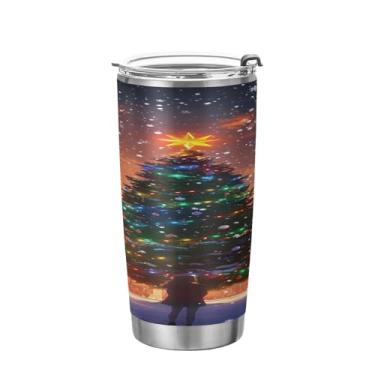 Imagem de YETTASBIN Copo de árvore de Natal com tampa de palha, copo de aço inoxidável de 590 ml, parede dupla, isolada a vácuo, caneca de café de viagem para bebidas quentes e frias