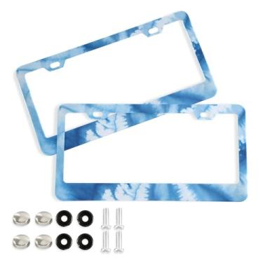 Imagem de CEBUGI Pacote com 2 molduras de placa de carro de alumínio capas de moldura de placa de carro com 2 furos azul tie-dye acessórios automotivos para placas dianteiras e traseiras orifício elíptico