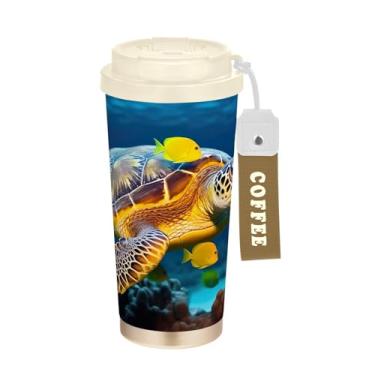 Imagem de YETTASBIN Caneca de café de viagem com isolamento térmico de tartaruga marinha de 482 g com tampa canudo, copo à prova de derramamento e vazamento com alça para bebida quente e fria, garrafa de água