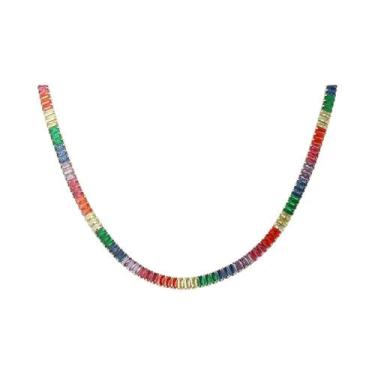 Imagem de Colar De Tênis Com Zircônia Cúbica Arco-Íris Larga Na Cor Dourada Para