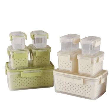 Imagem de Conjunto 5 Potes Herméticos com Tampa e Cesto, Plástico Transparente, Bege e Verde, Empilháveis, para Organização de Cozinha