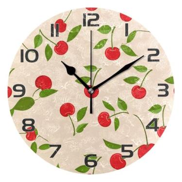 Imagem de YETTASBIN Relógio de parede Cherries, silencioso, sem tique-taque, operado por bateria, relógio redondo decorativo criativo para cozinha, sala de estar, banheiro, decoração de escritório em casa