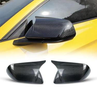 Imagem de FINMOKAL Tampas de espelho lateral de fibra de carbono real capas de espelho retrovisor de chifre de boi compatíveis com Ford Mustang 2015-2024 (sem seta)