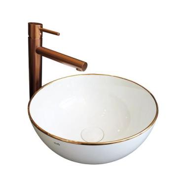 Imagem de Cuba para Banheiro Cerâmica Branca e Rose Gold Redonda 36cm Reno RC 17