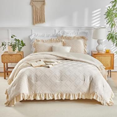 Imagem de Flysheep Conjunto de edredom solteiro com babados tufted Grids, 3 peças, bege, vintage, estilo fazenda, chique, boêmio, jacquard (1 edredom com babados + 2 fronhas)