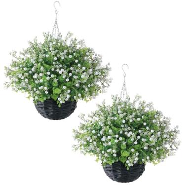 Imagem de FOTEEWL Cesta suspensa artificial para bebês e eucalipto falso – 2 conjuntos para decoração ao ar livre, cesta de flores falsas resistente a UV para varanda, jardim doméstico, fazenda, decoração de