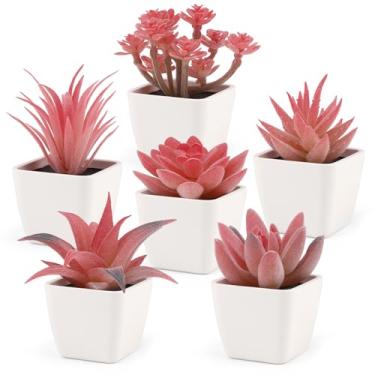 Imagem de Woration Conjunto de 6 peças pequenas de suculentas artificiais rosa, flocagem, plantas em vaso, arranjo floral para prateleira, escritório, casa, mesa, decoração - vasos brancos