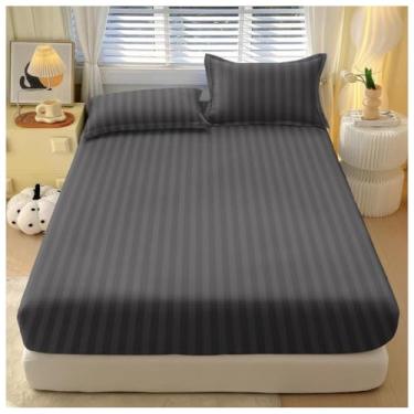 Imagem de Jogos De Lençol Com Elástico Listrado 400 Fios Solteiro 2 Peças Casal e Queen 3 Peças(Cinza Escuro,QUEEN 03 Peças)