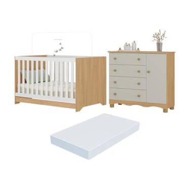 Imagem de Berço Americano 3 em 1 com Colchão Incluso e Cômoda 1 Porta 4 Gavetas Dengo Multimóveis Mp4698 Madeirado/off White
