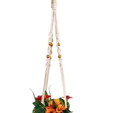 Imagem de Suporte para Planta Suspenso Macramê Feito à Mão 80cm Decoração Boho com 6 Bolinhas de Madeira,Varanda/Sala, Ideal para Amantes do Estilo Boho(1 suporte)