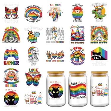 Imagem de Adesivos LGBT Pride UV DTF - 20 folhas de orgulho gay arco-íris Uvdtf Cup Wraps para garrafa de água de vidro de 473 ml, LGBTQ Igualdade Parades engraçado gato borboleta adesivo decalque decalque