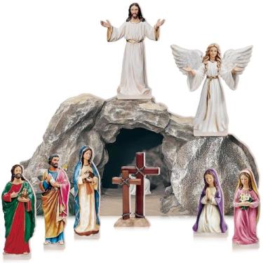 Imagem de Wesiti 9 peças de decorações de cena de ressurreição de Páscoa, cruz de madeira, estátua de túmulo vazio, presépio de Jesus religioso, primavera, cristã, decoração de mesa