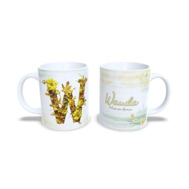 Imagem de Caneca de Cerâmica Personalizada Alice com Design Floral, Branco e Amarelo, 325 ml (w)