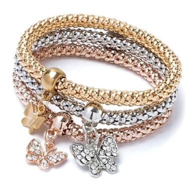Imagem de Pulseiras multicamadas com pingentes de cristal - 3 peças de ouro/prata/ouro rosa pulseira de corrente de milho para mulheres, árvore da vida, pulseira elástica em forma de coração, One Size, Liga