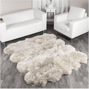 Imagem de HUAHOO Tapete premium de pele de carneiro genuína verdadeira Austrália pele de carneiro natural luxo macio tapete de área de pele de cordeiro capas de assento para quarto de crianças capa de sofá cadeira animais de estimação tapete de cachorro oito pelt/16,2 x 18 m linho