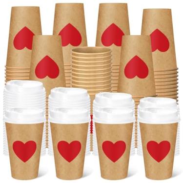 Imagem de Remerry 100 peças de copos de papel de café do dia dos namorados com tampas, copos de café descartáveis coração vermelho 340 g papel artesanato dos namorados bebida quente copo de cacau para