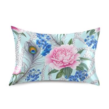 Imagem de Fronhas de cetim fofas refrescantes personalizadas padrão king queen fronha para cama de casa sofá queen tamanho 76.2 cm x 50.8 cm floral rosa peônia azul pavão
