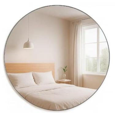 Imagem de Espelho Redondo Decorativo Lapidado em Vidro Real para Sala Quarto e Banheiro Espelho de Parede Moderno (50cm)