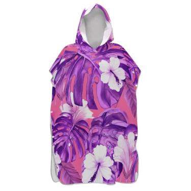 Imagem de Trocador de poncho de surfe roxo tropical com folhas de Monstera para toalhas de banho de praia com capuz plus size poncho masculino com capuz
