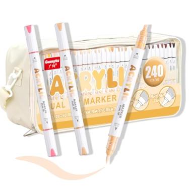 Imagem de kander Marcadores de tinta acrílica de ponta dupla de 240 cores — Conjunto de canetas de pincel extrafino e macio com fluxo de tinta direto para esboçar, detalhar, colorir em madeira, tela, pedra