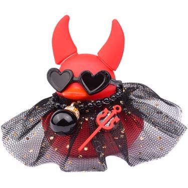 Imagem de CoFuBcad Decoração de painel de pato de borracha para Halloween, painel de carro pato vermelho demônio com saia de colar, óculos de sol, mini adereços instrumento para acessórios legais de carro