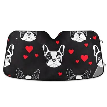 Imagem de Bonito buldogue francês corações preto para-sol de carro para para-brisa bonito dobrável persianas de janela de carro para-brisa frontal floral animal retrátil S, 134,6 cm x 59,7 cm