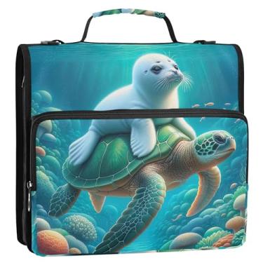 Imagem de Fichários de 3 cm com 3 anéis, selo de tartaruga marinha para serviço pesado, organizador de fichário com zíper, bolsa de fichário de ensino médio com alça para portfólio personalizado, suporte de 500