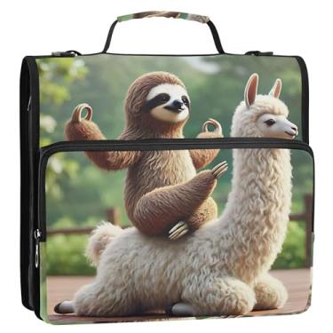 Imagem de Fichários de 3 cm com 3 anéis, resistente, fofo, preguiça, ioga, lhama, fichário organizador com alça de ombro para impressão escolar, vários bolsos, pasta grande para portfólio