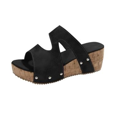 Imagem de Chinelo feminino moderno casual primavera e verão confortável respirável bico redondo bico aberto um pé fundo grosso salto cunha, Preto, 36