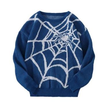 Imagem de Suéter Casual De Tricô Com Padrão De Teia De Aranha Para Homens, Gola 