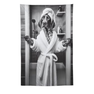 Imagem de Tapeçaria de chuveiro de cachorro em roupão preto branco cena de banheiro arte engraçada para animais de estimação decoração de casa alegre decoração de casa para banheiro, quarto, vibração alegre