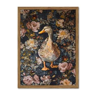 Imagem de Arte de parede vintage de pato William Morris Mallard, pintura de parede de pato cottagecore escuro excêntrico animal e botânico impressão em tela para sala de estar quarto 30 x 40 cm moldura de