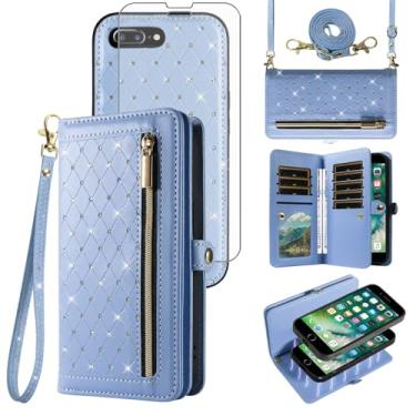 Imagem de Capa de telefone para iPhone 7plus 8plus 7/8 Plus carteira com zíper destacável película protetora de tela transversal alça flip suporte para cartão de crédito i Phone7s 7s + 7+ 8s 8+ Phones8 7p 8p