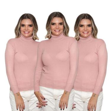 Imagem de Kit 3 Blusas Feminina Tricô Manga Longa Gola Alta Lã Inverno Casual - 