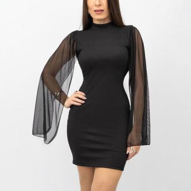 Imagem de Vestido Curto Elegante Gola Alta Canelado Manga Flare Transparente Ten