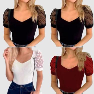 Imagem de Kit 4 Body Blusa Feminina Manga Curta Bufante Tule Poa Luxo Lançamento