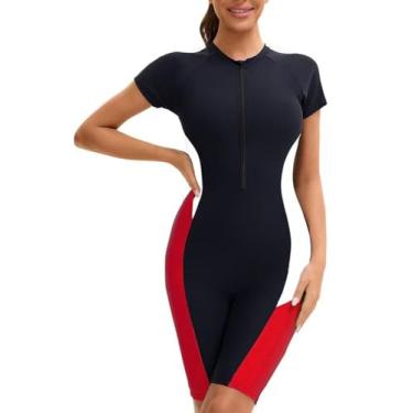 Imagem de Maiô feminino de manga curta com pele de mergulho FPS 50+ estampa Rashguard, vermelho, médio